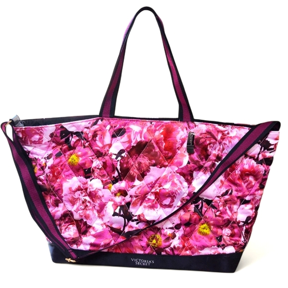 NWT Victoria's Secret Pink & Black Floral Silk Tote - Picture 1 of 7